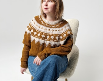 Suéter nórdico de lã tricotado à mão - tamanho XL / Suéter marrom caramelo com estampa Fair Isle