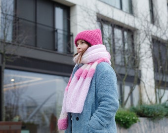 Statement Pink wool alpaca wool scarf / Hand knitted pink scarf / Boucle alpaca wool merino wool and sequins shawl / Handmade striped scarf