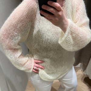 Airy mohair jumper in pastel buttermilk color / Soft kid mohair hand-knit sweater for women / Oversized fluffy mohair pullover for woman