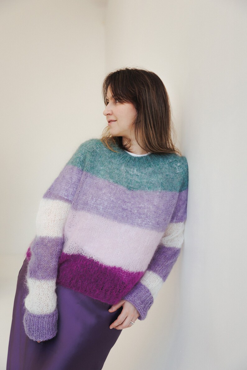 Fluffy Super Kidmohair Sweater With Stripes / Hand Knitted Etsy