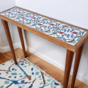 Entrway Console Tile Wood Table, Ottoman Tile Table, Slim Entrance Table, Tiled Table