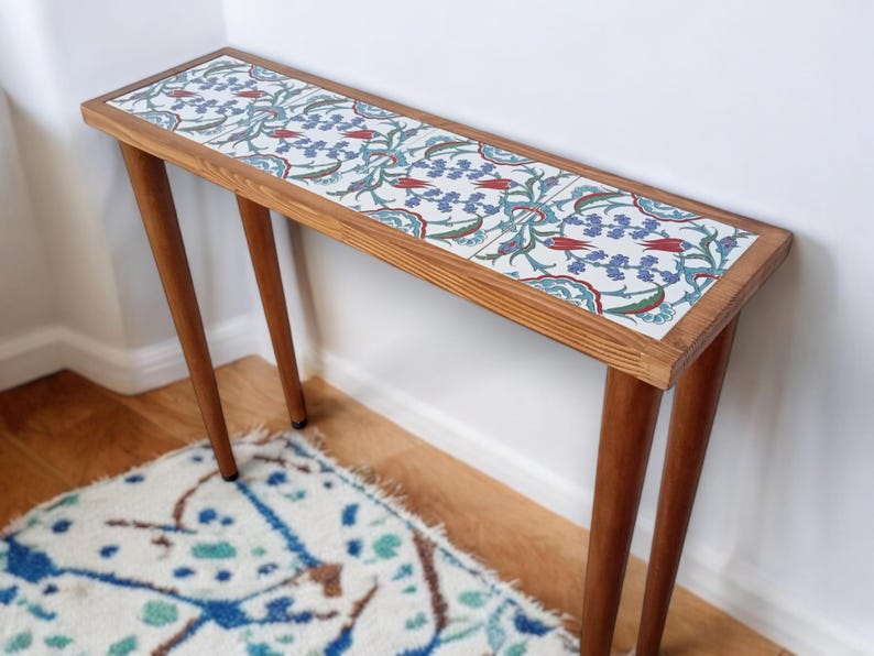 Entrway Console Tile Wood Table, Ottoman Tile Table, Slim Entrance Table, Tiled Table