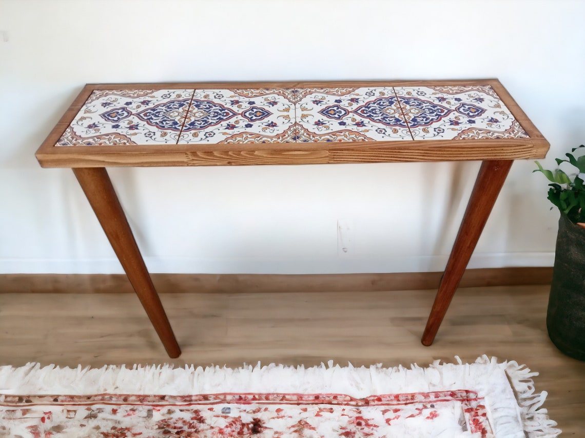 Tile Wooden Table, Ottoman Tile Table, Rustic Console Table, Slim ...