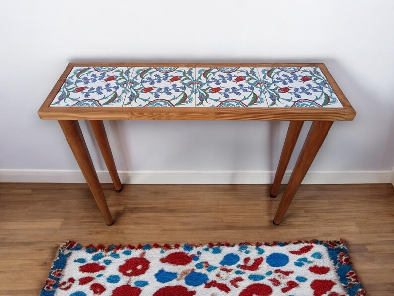 Entrway Console Tile Wood Table, Ottoman Tile Table, Slim Entrance Table, Tiled Table