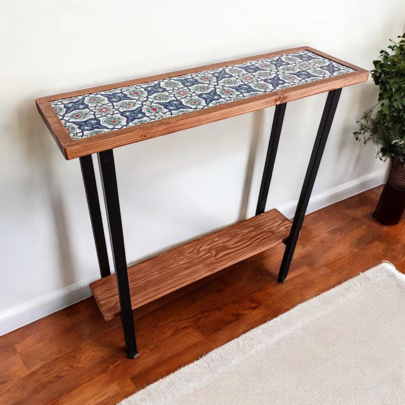 Tile embedded in wood table, Entrance Table, Ottoman Tile Table, Console Table, Slim Entrance Table, Tiled Table