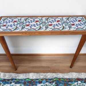 Entrway Console Tile Wood Table, Ottoman Tile Table, Slim Entrance Table, Tiled Table