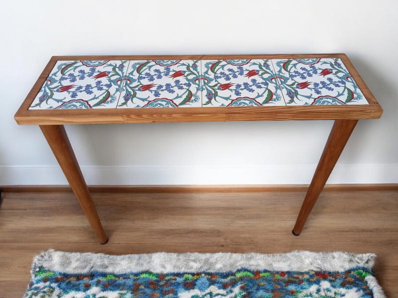 Entrway Console Tile Wood Table, Ottoman Tile Table, Slim Entrance Table, Tiled Table