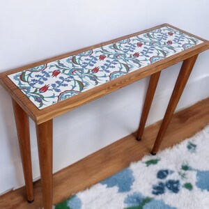 Entrway Console Tile Wood Table, Ottoman Tile Table, Slim Entrance Table, Tiled Table