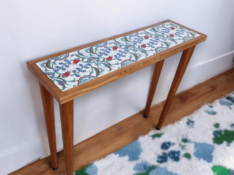 Entrway Console Tile Wood Table, Ottoman Tile Table, Slim Entrance Table, Tiled Table