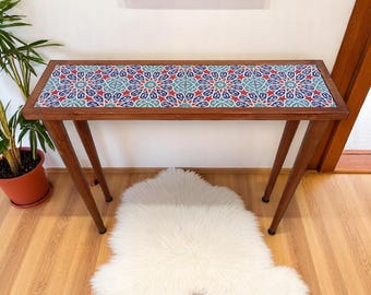 Narrow Tile Console Table, Handmade Hallway Table, Slim Entryway Table with Adjustable Legs, Turkish Pattern, Etsy Gift