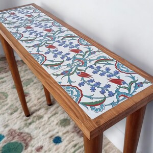 Entrway Console Tile Wood Table, Ottoman Tile Table, Slim Entrance Table, Tiled Table