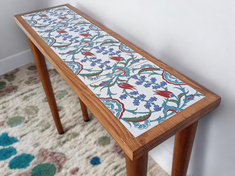 Entrway Console Tile Wood Table, Ottoman Tile Table, Slim Entrance Table, Tiled Table