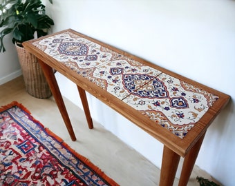 Narrow Console Table with Ceramic Tile, Entryway Table, Turkish Tile Console Table, Slim Hallway Table, Rustic Wooden Sofa Table