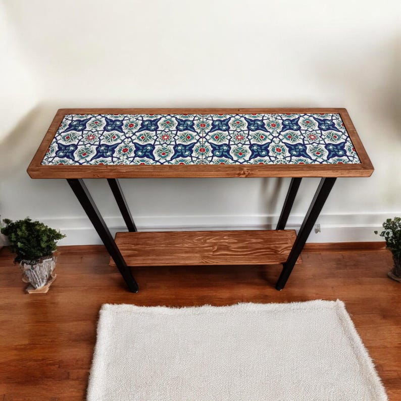 Tile embedded in wood table, Entrance Table, Ottoman Tile Table, Console Table, Slim Entrance Table, Tiled Table