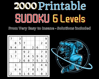 May include: A black background with the text "2000 Printable SUDOKU 6 Levels" in white, blue, and red. A Sudoku puzzle is on the left, and a blue astronaut graphic is on the right. The text "From Very Easy to Insane - Solutions included" is also present.