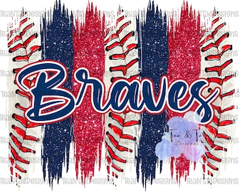May include: A digital design featuring the word "Braves" in blue text with a red and blue paint splatter background. The background also features a baseball stitch pattern.