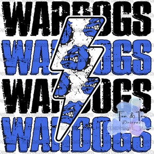 May include: A graphic design featuring the words "WARDOGS" repeated four times in a distressed black font. A blue lightning bolt with a white background and a pattern of blue bulldog heads is centered in the design.