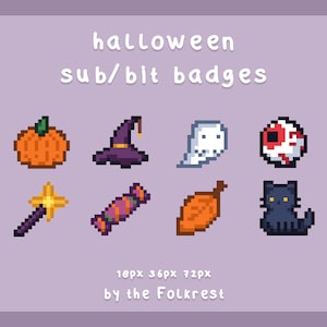 Puede incluir: Conjunto de nueve insignias de Halloween de arte de píxeles que incluyen una calabaza, un sombrero de bruja, un fantasma, un globo ocular, una varita mágica, un caramelo, una hoja y un gato negro. Las insignias están disponibles en tres tamaños: 18 px, 36 px y 72 px. Las insignias están diseñadas por Folkrest.