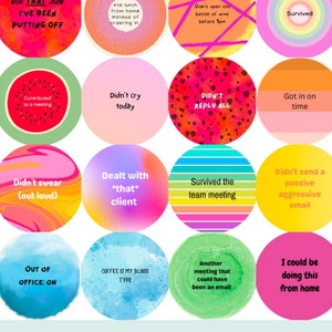 May include: A set of 20 colourful round stickers with humorous workplace-themed sayings. The stickers feature a variety of designs, including a donut, a watermelon, and a printer. Some of the sayings include "The printer worked!" and "Survived the team meeting."