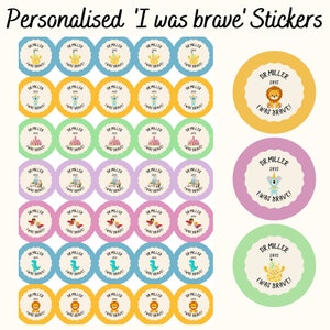 May include: A set of 25 colourful round stickers with different animal illustrations. Each sticker features the text "Dr. Miller says I was brave!" in a white circle with a black outline. The stickers are perfect for rewarding children for their bravery.