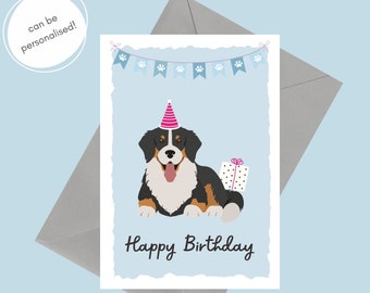 Bernese Mountain Dog Birthday Card | Dog Birthday Card | Personalised Happy Birthday Card | Bernese Mountain Dog with Birthday hat