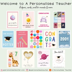 May include: A collection of colourful greeting cards with illustrations and text. The cards feature themes such as graduation, marriage, and birthdays. The text on the cards includes phrases like "One Degree Hotter", "Let's Get Hammered", "Have an Egg-Cellent Birthday", "Congratulations on Marrying Your (Second Best) Best Friend", "This Will Be Your Best Era", "Congrats", "2001 April's Version", "Love You to the Moon and to Saturn", and "You Did It!"