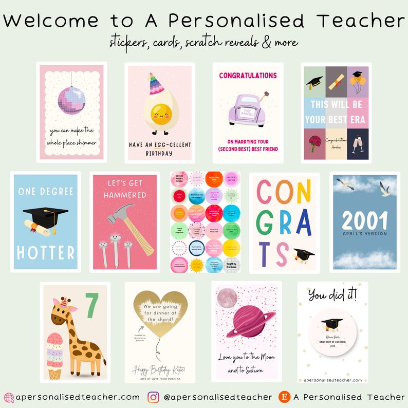 May include: A collection of colourful greeting cards with illustrations and text. The cards feature themes such as graduation, marriage, and birthdays. The text on the cards includes phrases like "One Degree Hotter", "Let's Get Hammered", "Have an Egg-Cellent Birthday", "Congratulations on Marrying Your (Second Best) Best Friend", "This Will Be Your Best Era", "Congrats", "2001 April's Version", "Love You to the Moon and to Saturn", and "You Did It!"