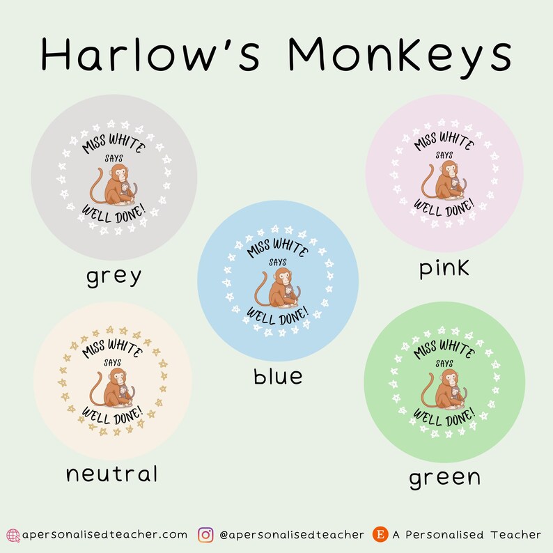 May include: Set of five round stickers with a monkey illustration and the text "Miss White Says Well Done!" in a circle. The stickers are in the colors grey, neutral, blue, pink, and green.