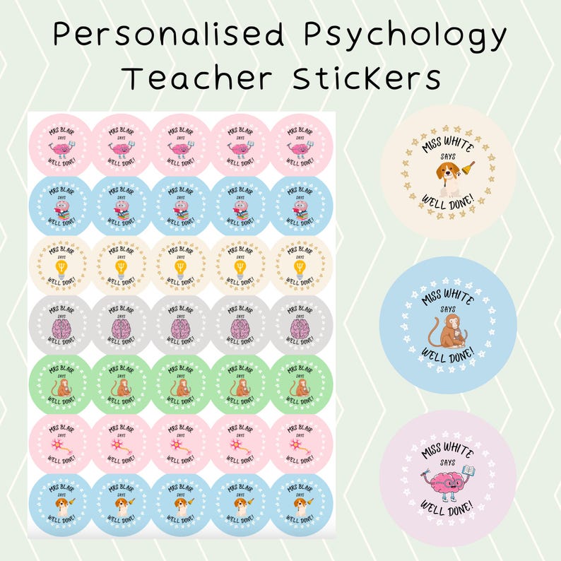 May include: A sheet of colorful round stickers with different illustrations, including a lightbulb, a brain, a dog, a monkey, and a wand. The stickers say "Miss Blair says Well Done!" and "Miss White says Well Done!"