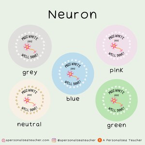 May include: Set of five round stickers with a neuron illustration and the text "Miss White Says Well Done!" in a circle of stars. The stickers are in grey, pink, blue, neutral, and green.