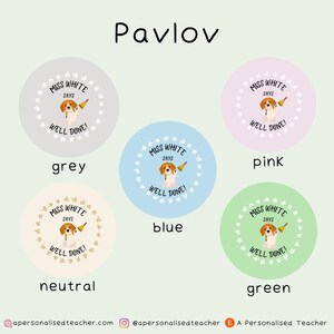 May include: Five round stickers with a dog illustration and the text "Miss White Says Well Done!" in a circle. The stickers are in five different colors: grey, pink, blue, neutral, and green.