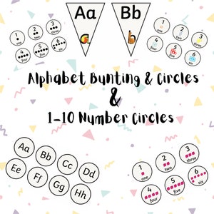 Può includere: Immagine di ghirlande alfabetiche e cerchi numerici. L'immagine presenta ghirlande con le lettere A e B, cerchi con i numeri da 1 a 6 e cerchi con le lettere A-H. Il testo recita "Alphabet Bunting & Circles & 1-10 Number Circles."