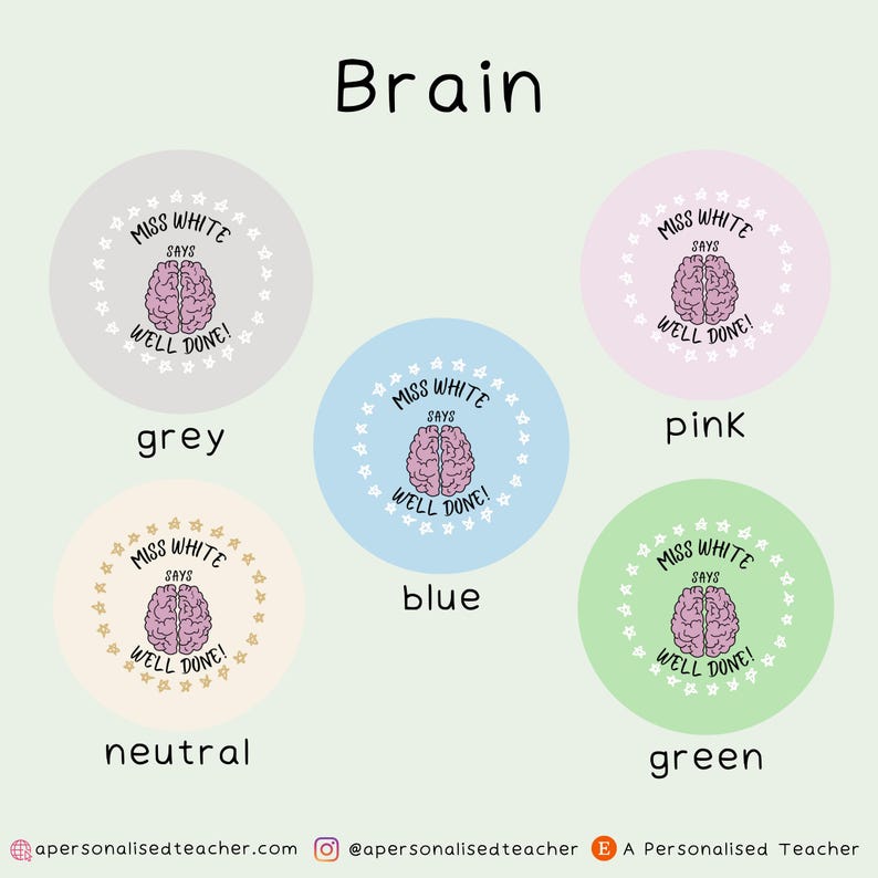 May include: A set of six round stickers with a brain graphic and the text "Miss White Says Well Done!" in a circle of stars. The stickers are in six different colors: grey, neutral, blue, pink, green, and white.