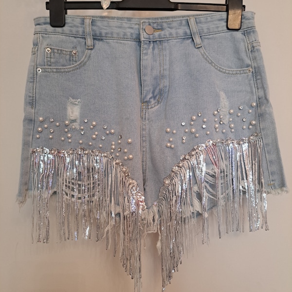 Denim shorts with pearls & rhinestones
