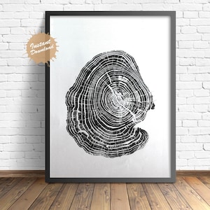 May include: Black and white print of a tree trunk cross section showing the growth rings. The print is framed in a black frame and is hanging on a white brick wall.