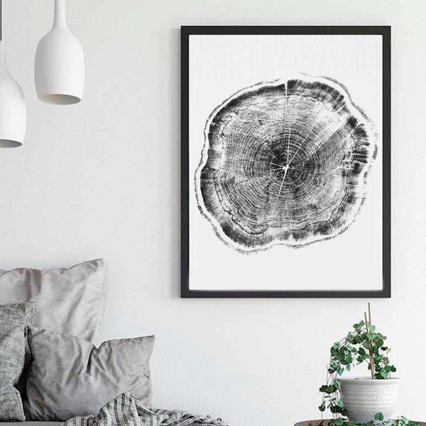 Print of Log Rings/ Tree Ring print/ ink Blot/Tree Art/Black and White/Wood/Tree Print/Gift for Home/instant download/wood grain/Log Slice