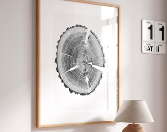 Pine Tree Ring Woodcut Print: Black and White Handmade Art (Digital Download)