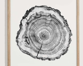 Tree Ring Woodcut Print: Black and White Stump Art (Digital Download)
