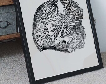 Black and White Tree Ring Print: Old Elm Wood Art (18x24) (Digital Download