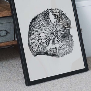 Souche d&#39;arbre, bague d&#39;arbre en bois, 18 x 24, tache d&#39;encre, impression d&#39;art d&#39;arbre, anneaux de bûche, noir et blanc, tranche de bûche, impression d&#39;arbre, cadeau pour la maison