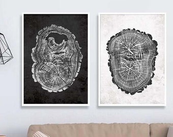 Baumring Print Set: Schwarz weisse Holzscheibe (Digitaler Download)