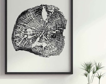 Tree Stump, Tree Ring print, Wood tree ring, 18x24, ink Blot, Tree Art Print, Log Rings, Black and White, Log Slice,Tree Print,Gift for Home