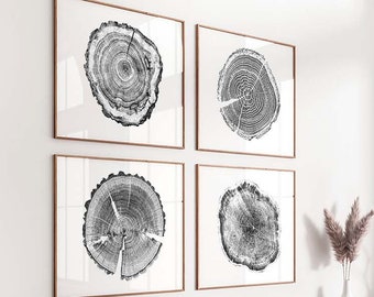 Set of 4 prints, Tree ring print, Tree stump print, Black and white prints,Modern wall decor,Tree rings print,Wood slice printable,Log print