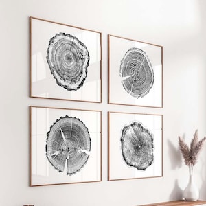 Set of 4 prints, Tree ring print, Tree stump print, Black and white prints,Modern wall decor,Tree rings print,Wood slice printable,Log print