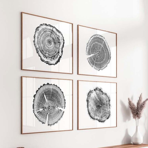 Set of 4 prints, Tree ring print, Tree stump print, Black and white prints,Modern wall decor,Tree rings print,Wood slice printable,Log print