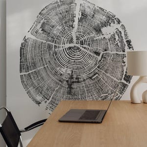 Puede incluir: Un espacio de trabajo moderno con un escritorio de madera clara, un portátil y una lámpara blanca. Una gran obra de arte en blanco y negro con anillos de árbol cuelga de la pared. Una silla negra con marco plateado está en el fondo.