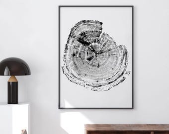 Pine Tree Ring Print: Woodcut Woodblock Art (Digital Download)