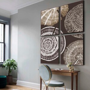 Vintage set of 4 Tree ring print, Boho Décor, Tree rings, Color set 18х24, ocher, light gray on dark brown,black and white, tree ring poster