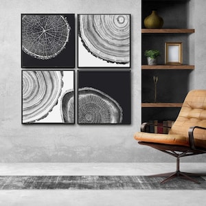 Black & White Tree Ring Decor Set of 4, Tree Ring Art, Tree Ring Print, Botanical tree rings print, Tree Ring Wall Art, Prints of tree rings