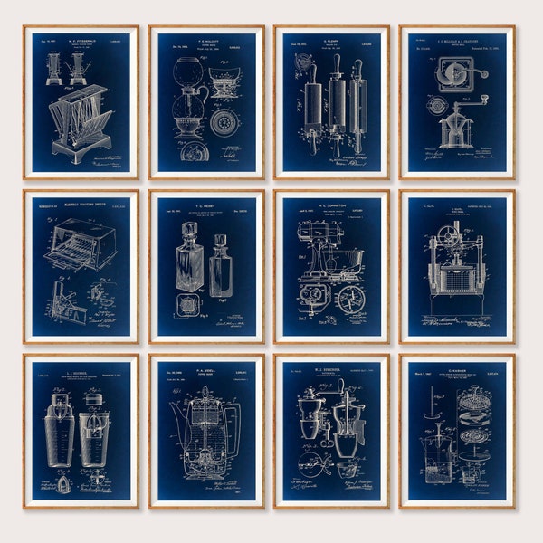Conjunto azul de 12 impresiones para la cocina, patente de utensilios de cocina, impresión de patente de cocina vintage, decoración de cocina, impresión de patente, plano vintage